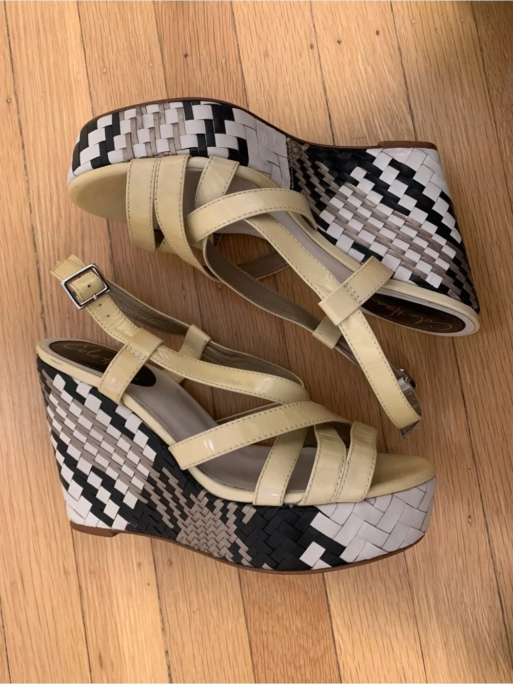 EUC Cole Haan Multi Black/White Woven Hi Wedge Platform Yellow Sandals Size 8.5M